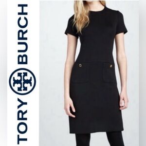 Tory Burch Anthea Black Tweed Short-Sleeve Dress w/ logo buttons front pockets